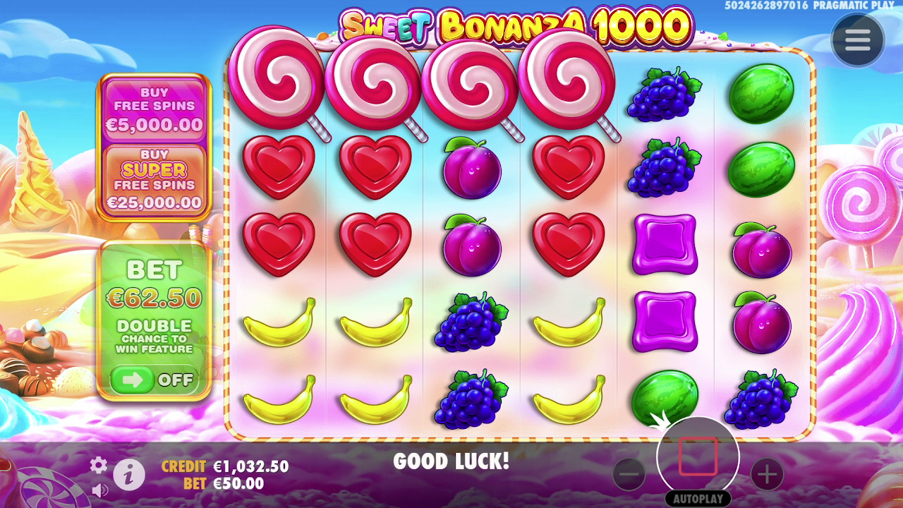 Fyra slikkepinnar-scattersymboler i Sweet Bonanza 1000 som aktiverar gratissnurr.